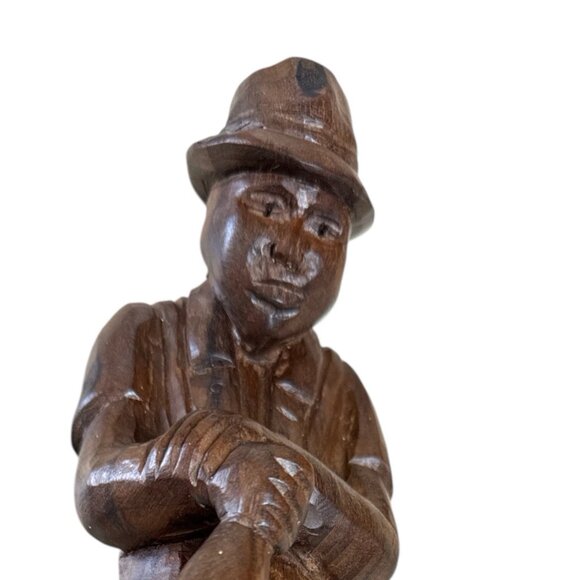 Vintage Hand Carved Folk Art Wooden Man Statue Hat & Suspenders 10" - Picture 3 of 8